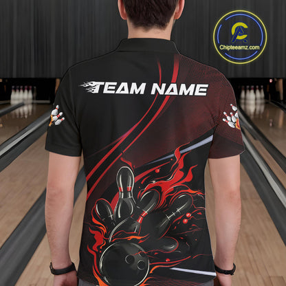 Custom Black And Red Fire Flame Bowling Team Men Polo Shirts, Bowling Jerseys IPHW9418