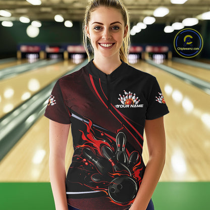 Custom Black And Red Fire Flame Bowling Team Women Quarter-Zip Shirts, Bowling Jerseys IPHW9418