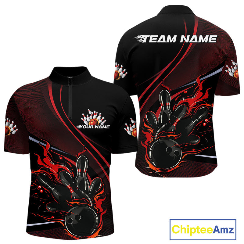 Custom Black And Red Fire Flame Bowling Team Men Quarter-Zip Shirts, Bowling Jerseys IPHW9418