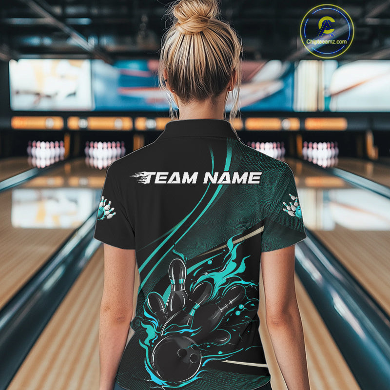 Custom Black And Blue Fire Flame Bowling Team Women Polo Shirts, Bowling Jerseys IPHW9419