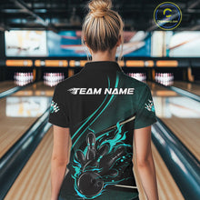 Load image into Gallery viewer, Custom Black And Blue Fire Flame Bowling Team Women Polo Shirts, Bowling Jerseys IPHW9419