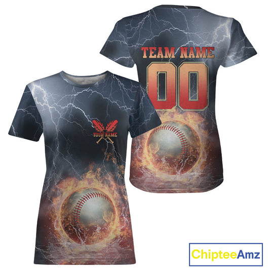 Custom Name And Number Thunder Lightning Flame Baseball Team Women T-Shirts IPHW9585