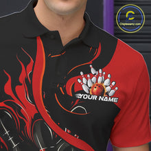 Load image into Gallery viewer, Custom Black And Red Flame Bowling Polo Shirts For Men, Bowling Tournament Team Uniform IPHW9245