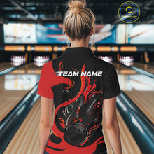 Load image into Gallery viewer, Custom Black And Red Flame Bowling Polo Shirts For Women, Bowling Tournament Team Uniform IPHW9245