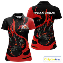 Load image into Gallery viewer, Custom Black And Red Flame Bowling Polo Shirts For Women, Bowling Tournament Team Uniform IPHW9245