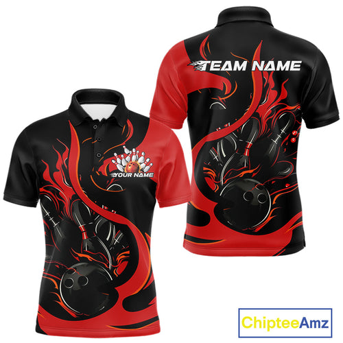 Custom Black And Red Flame Bowling Polo Shirts For Men, Bowling Tournament Team Uniform IPHW9245