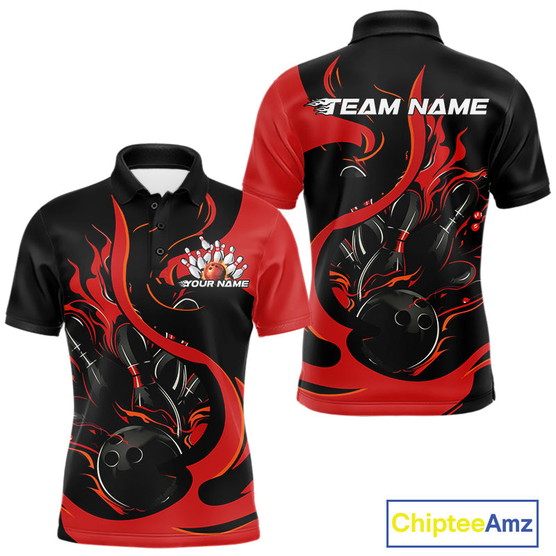 Custom Black And Red Flame Bowling Polo Shirts For Men, Bowling Tournament Team Uniform IPHW9245