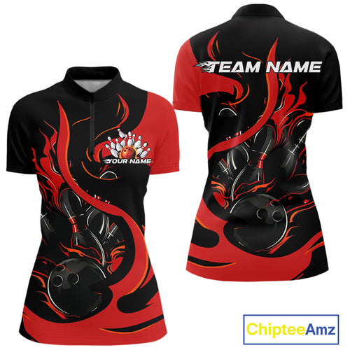 Custom Black And Red Flame Bowling Women Quarter-Zip Shirt, Bowling Team Uniform IPHW9245