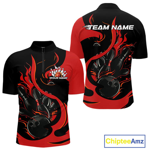 Custom Black And Red Flame Bowling Quarter-Zip Shirts For Men, Bowling Tournament Team Uniform IPHW9245