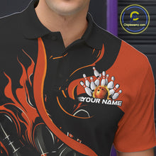 Load image into Gallery viewer, Custom Black And Orange Flame Bowling Polo Shirts For Men, Bowling Tournament Team Uniform IPHW9246