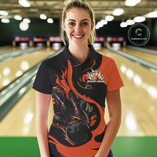 Load image into Gallery viewer, Custom Black And Orange Flame Bowling Women Polo Shirts, Bowling Tournament Team Uniform IPHW9246