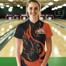 Load image into Gallery viewer, Custom Black And Orange Flame Bowling Women Quarter-Zip Shirt, Bowling Team Uniform IPHW9246