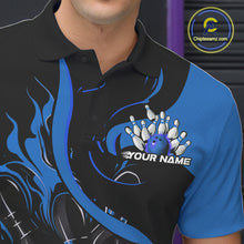 Load image into Gallery viewer, Custom Black And Blue Flame Bowling Polo Shirts For Men, Bowling Tournament Team Uniform IPHW9247
