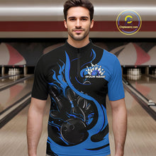 Load image into Gallery viewer, Custom Black And Blue Flame Bowling Quarter-Zip Shirts For Men, Bowling Tournament Team Uniform IPHW9247