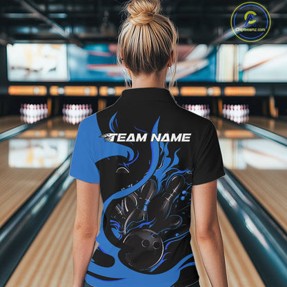 Custom Black And Blue Flame Bowling Women Quarter-Zip Shirt, Bowling Team Uniform IPHW9247