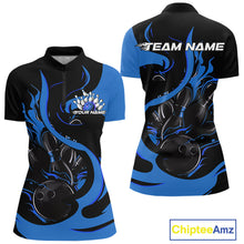 Load image into Gallery viewer, Custom Black And Blue Flame Bowling Women Quarter-Zip Shirt, Bowling Team Uniform IPHW9247