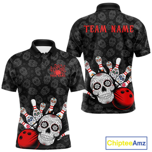 Custom Black And Red Sugar Skull Bowling Team Polo Shirts For Men, Bowling League Shirt IPHW9251