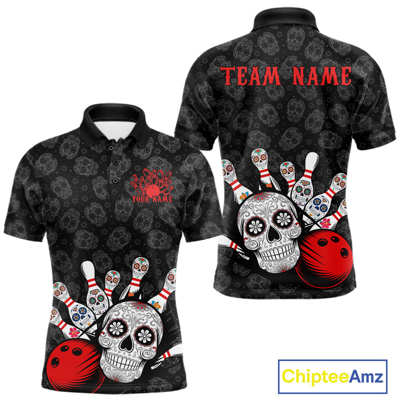 Custom Black And Red Sugar Skull Bowling Team Polo Shirts For Men, Bowling League Shirt IPHW9251