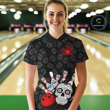 Load image into Gallery viewer, Custom Black And Red Sugar Skull Bowling Women Quarter-Zip Shirt, Bowling League Shirt IPHW9251