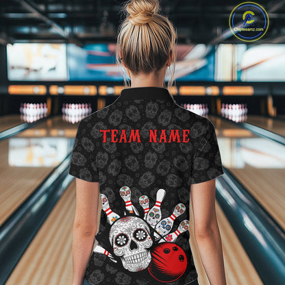 Custom Black And Red Sugar Skull Bowling Women Quarter-Zip Shirt, Bowling League Shirt IPHW9251