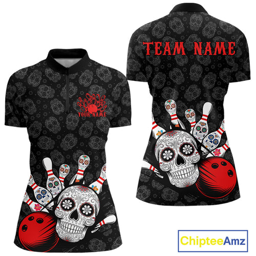 Custom Black And Red Sugar Skull Bowling Women Quarter-Zip Shirt, Bowling League Shirt IPHW9251