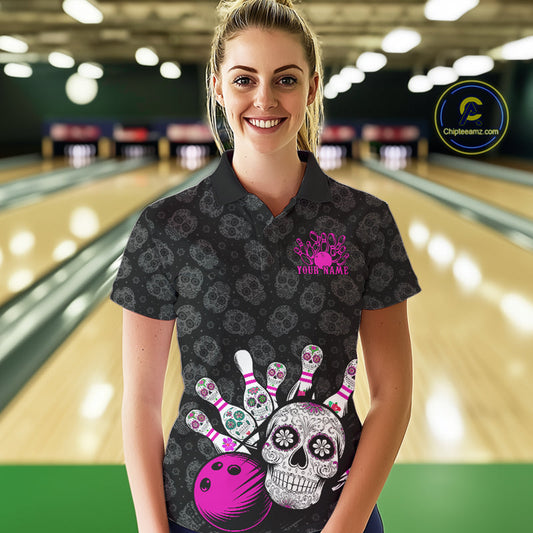 Custom Black And Pink Sugar Skull Bowling Team Polo Shirt For Women, Bowling League Shirt IPHW9252