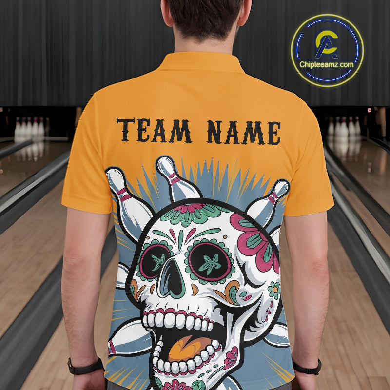 Custom Sugar Skull Bowling Polo Shirts For Men, Halloween Bowling Team Outfit IPHW9253