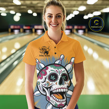 Load image into Gallery viewer, Custom Sugar Skull Bowling Polo Shirts For Women, Halloween Bowling Team Outfit IPHW9253