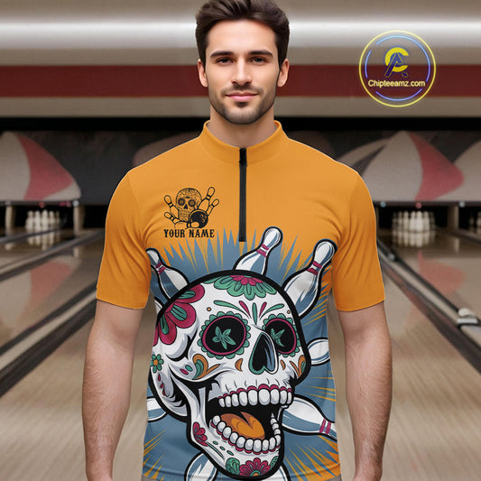 Custom Sugar Skull Bowling Quarter-Zip Shirts For Men, Halloween Bowling Team Outfit IPHW9253