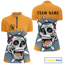 Load image into Gallery viewer, Custom Sugar Skull Bowling Women Quarter-Zip Shirt, Halloween Bowling Team Outfit IPHW9253