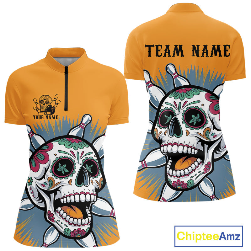 Custom Sugar Skull Bowling Women Quarter-Zip Shirt, Halloween Bowling Team Outfit IPHW9253