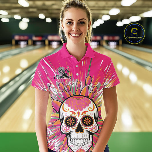 Custom Pink Sugar Skull Bowling Team Polo Shirts For Women, Halloween Bowlers Outfit IPHW9254