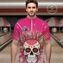 Load image into Gallery viewer, Custom Pink Sugar Skull Bowling Team Quarter-Zip Shirts For Men, Halloween Bowlers Outfit IPHW9254