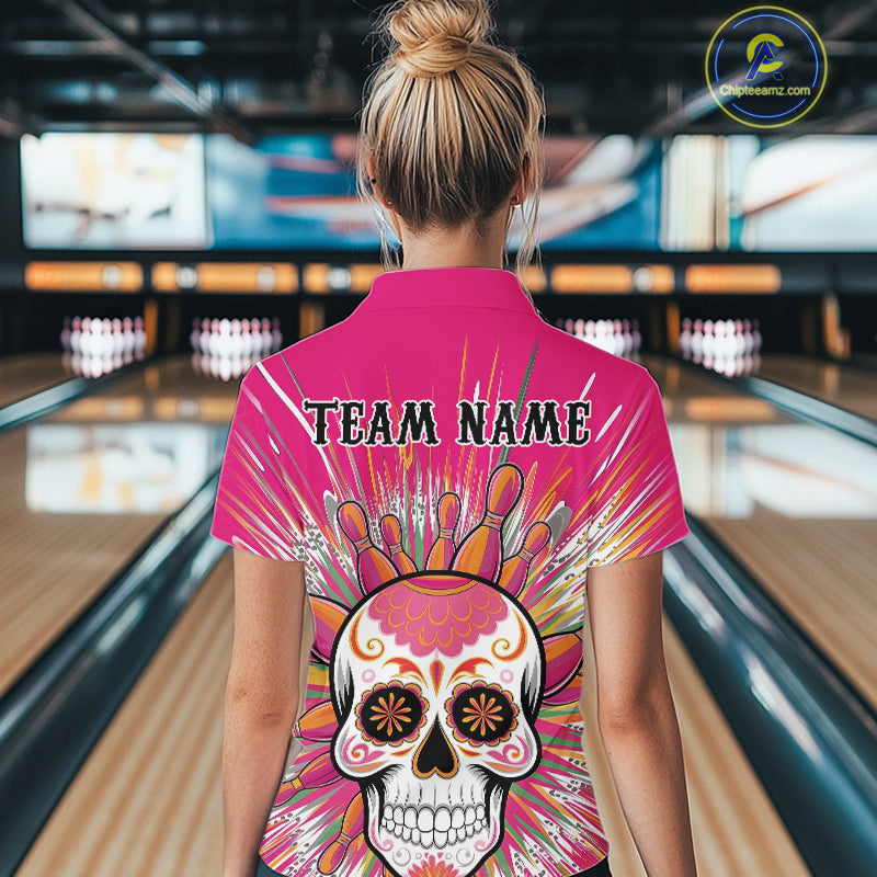 Custom Pink Sugar Skull Bowling Team Women Quarter-Zip Shirt, Halloween Bowlers Outfit IPHW9254