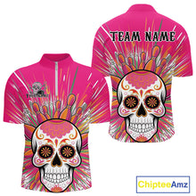 Load image into Gallery viewer, Custom Pink Sugar Skull Bowling Team Quarter-Zip Shirts For Men, Halloween Bowlers Outfit IPHW9254
