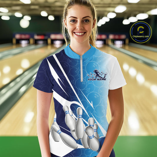 Custom Blue Bowling Pattern Bowling Team Women Quarter-Zip Shirts, Blue Bowling Jerseys IPHW9426