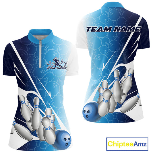 Custom Blue Bowling Pattern Bowling Team Women Quarter-Zip Shirts, Blue Bowling Jerseys IPHW9426