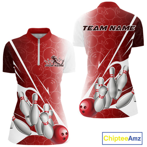 Custom Red Bowling Pattern Bowling Team Women Quarter-Zip Shirts, Red Bowling Jerseys IPHW9427