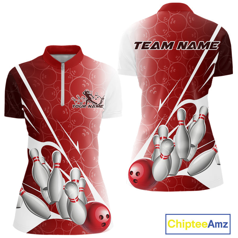 Custom Red Bowling Pattern Bowling Team Women Quarter-Zip Shirts, Red Bowling Jerseys IPHW9427
