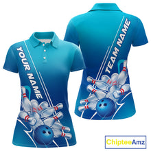 Load image into Gallery viewer, Custom Blue Bowling Pattern Bowling Team Polo Shirts For Women, Blue Bowling Jerseys IPHW9428