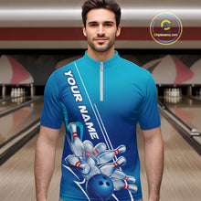 Load image into Gallery viewer, Custom Blue Bowling Pattern Bowling Team Quarter-Zip Shirts For Men, Blue Bowling Jerseys IPHW9428