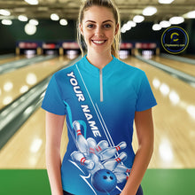 Load image into Gallery viewer, Custom Blue Bowling Pattern Bowling Team Women Quarter-Zip Shirts, Blue Bowling Jerseys IPHW9428