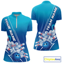 Load image into Gallery viewer, Custom Blue Bowling Pattern Bowling Team Women Quarter-Zip Shirts, Blue Bowling Jerseys IPHW9428