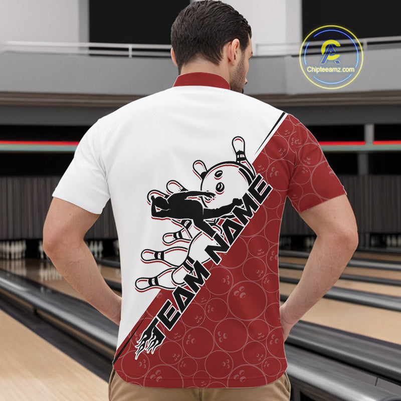 Cusom Red Strike Bowling Team Quarter-Zip Shirts For Men, Bowling League Shirt Bowlers Outfit IPHW9259
