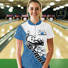 Load image into Gallery viewer, Cusom Blue Strike Bowling Team Women Quarter-Zip Shirt, Bowling League Bowler Outfit IPHW9260