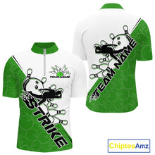 Load image into Gallery viewer, Cusom Green Strike Bowling Team Quarter-Zip Shirts For Men, Bowling League Shirt Bowlers Outfit IPHW9261