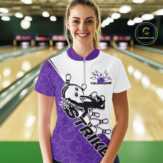 Cusom Purple Strike Bowling Team Women Quarter-Zip Shirt, Bowling League Bowler Outfit IPHW9262