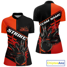 Load image into Gallery viewer, Custom Red Orange Flame Strike Bowling Women Quarter-Zip Shirt, Fire Bowling League Shirt IPHW9267