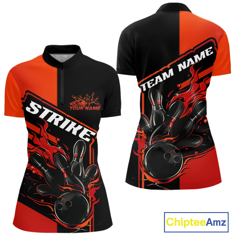 Custom Red Orange Flame Strike Bowling Women Quarter-Zip Shirt, Fire Bowling League Shirt IPHW9267