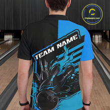 Load image into Gallery viewer, Custom Black And Blue Flame Strike Bowling Polo Shirts For Men, Fire Bowling League Shirt IPHW9268